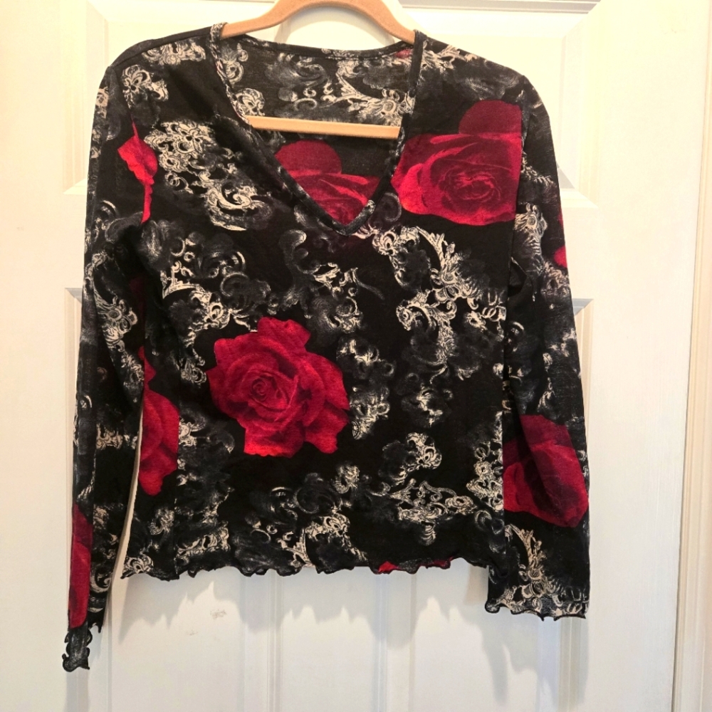 Vintage Y2K Top M Micro Mesh V-neck Red Roses Black Ruffled Long Sleeve Lettuce